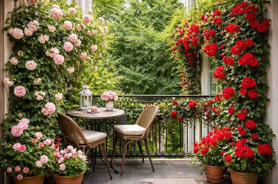 pnącza róży na balkonie 