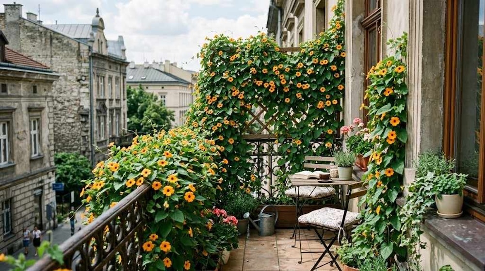 balkon w kamienicy z tunbergią 