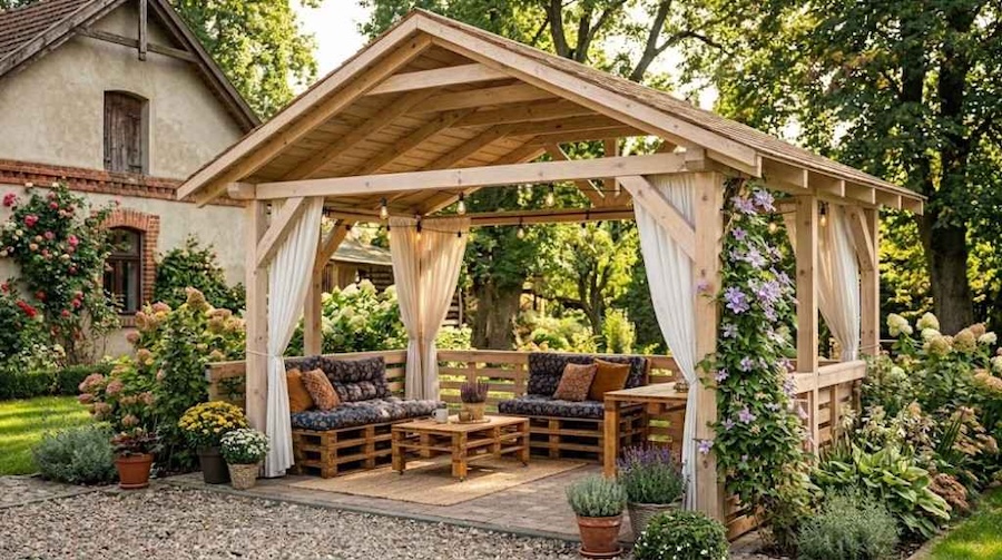 altana w ogrodzie z palet 