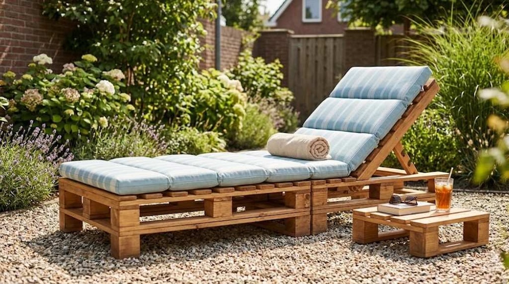 cuda z palet do ogrodu - leżak z poduszkami 