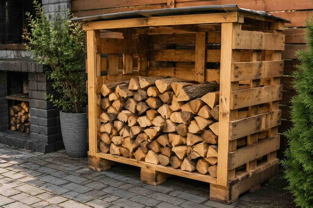 cuda z palet do ogrodu - stojak na drewno 