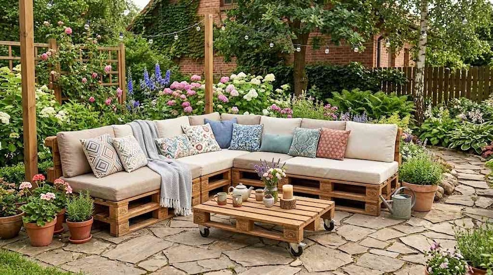 cud z palet do ogrodu - narożne siedzisko 