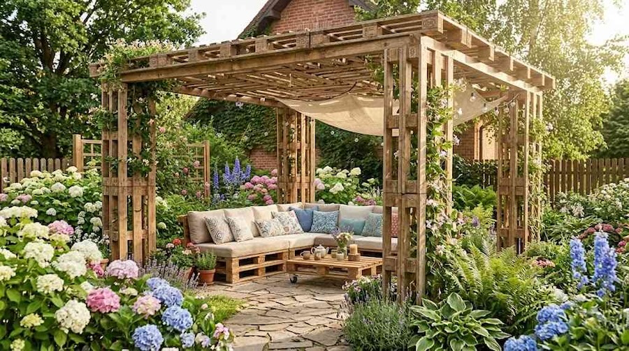 cuda z palet do ogrodu - pergola z siedziskami 