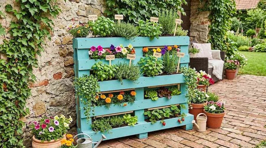 cuda z palet do ogrodu - pionowy stojak na doniczki 