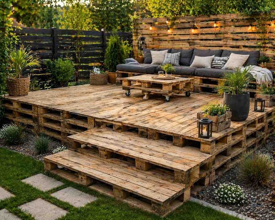 podest na tarasie z palet 