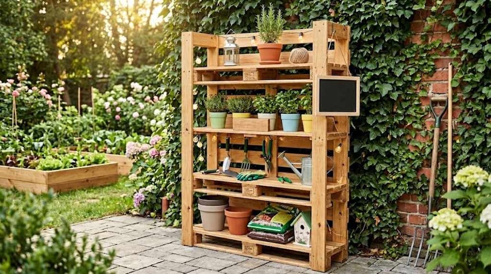 regał w ogrodzie z palet 