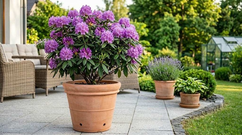 rododendron w doniczce w ogrodzie 